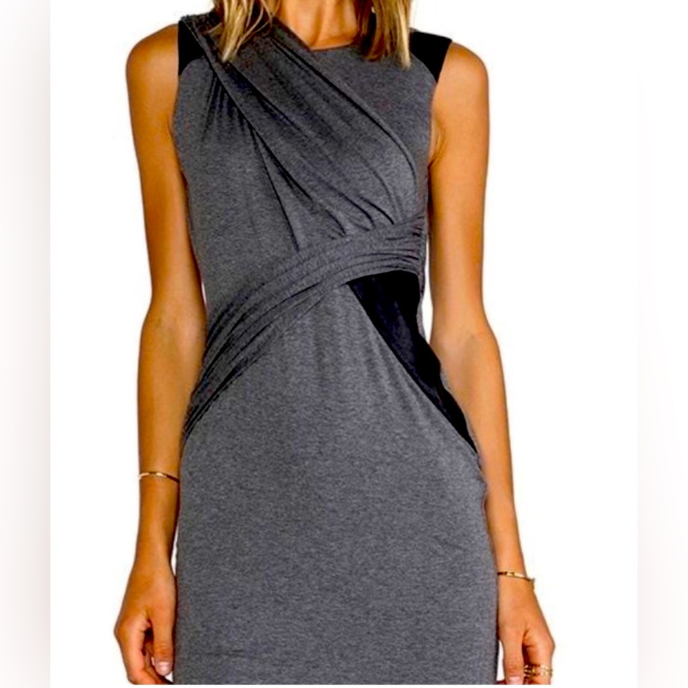 Bailey 44 Ruched Twist Dress Wrap Drape Gray Grey Black L